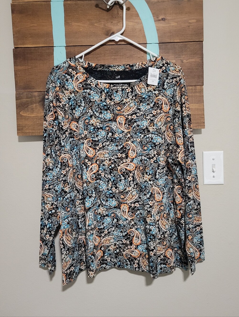 J. Jill Paisley Black and Teal Pima Cotton Long-Sleeve Crew Neck Tee Size 2x